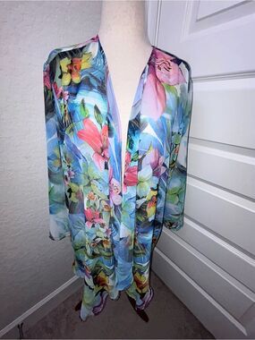 ALL HOURS Tropical Floral Print Sheer Open Front Kimono Blouse Top
